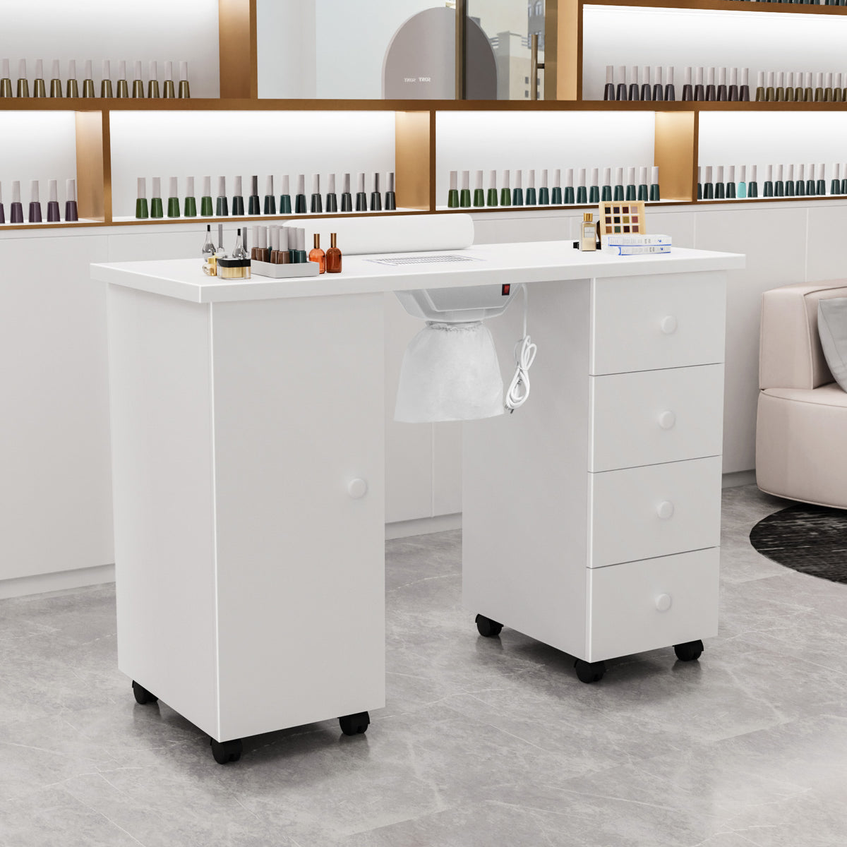 Omysalon Nail Manicure Table w/Electric Dust Collector & Wrist Rest & 1 Large Cabinet 4 Drawers