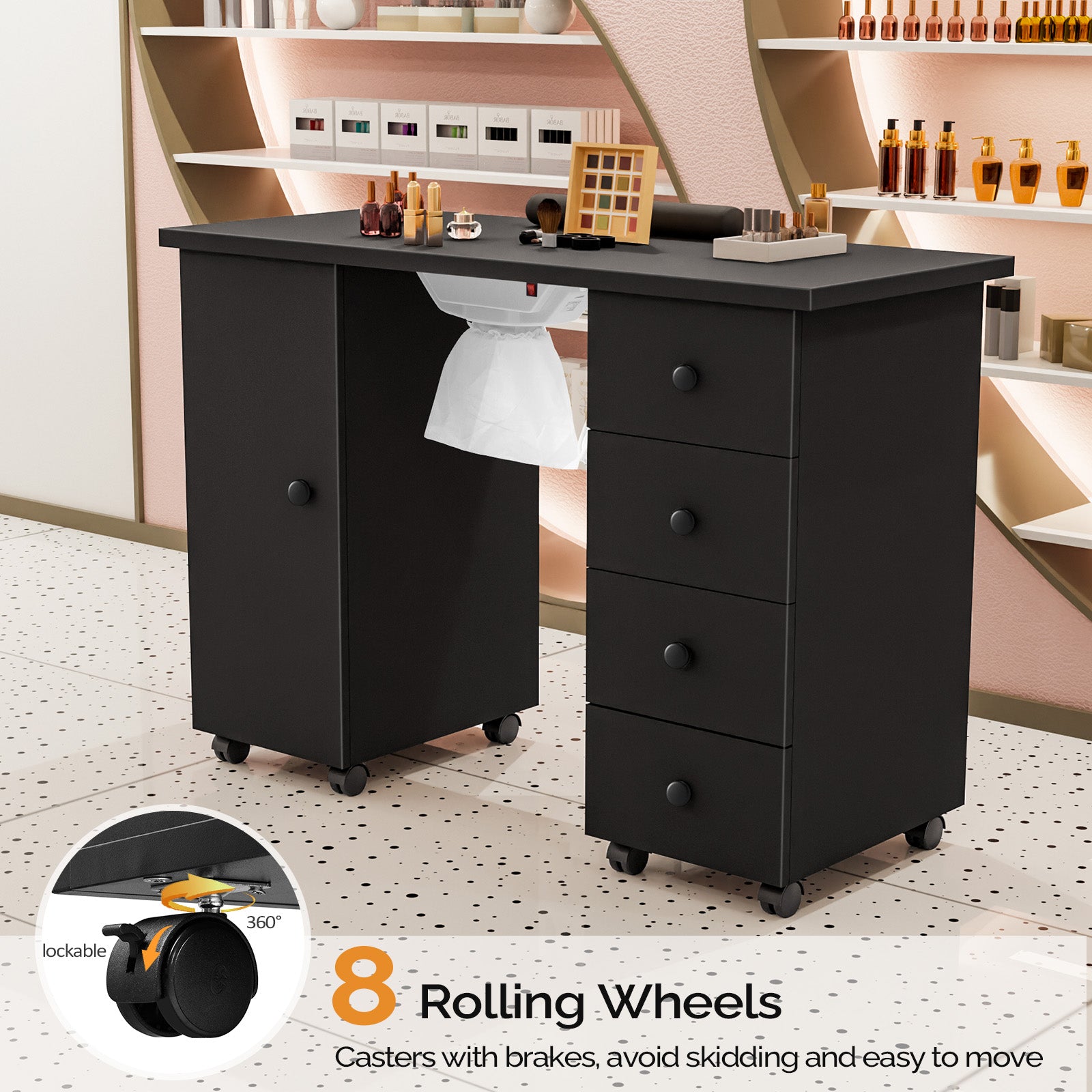 Omysalon 4DMT-DC Nail Manicure Table w/Electric Dust Collector & Wrist Rest & 1 Large Cabinet 4 Drawers