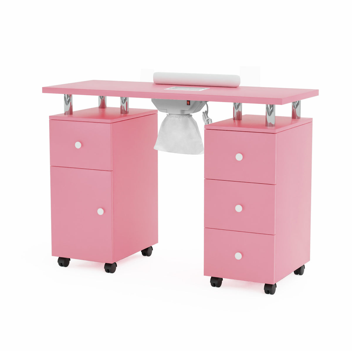 Omysalon Nail Manicure Table w/Electric Dust Collector & Wrist Rest & 2 Open Spaces 1 Side Cabinet 4 Drawers