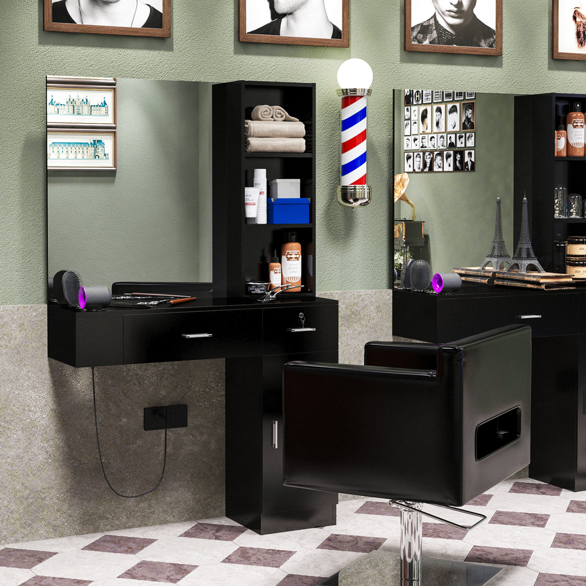 OmySalon HSC-15 Wall Mount Barber Station 2 Drawers 1 Storage Cabinet 3 Open Shelves with Mirror
