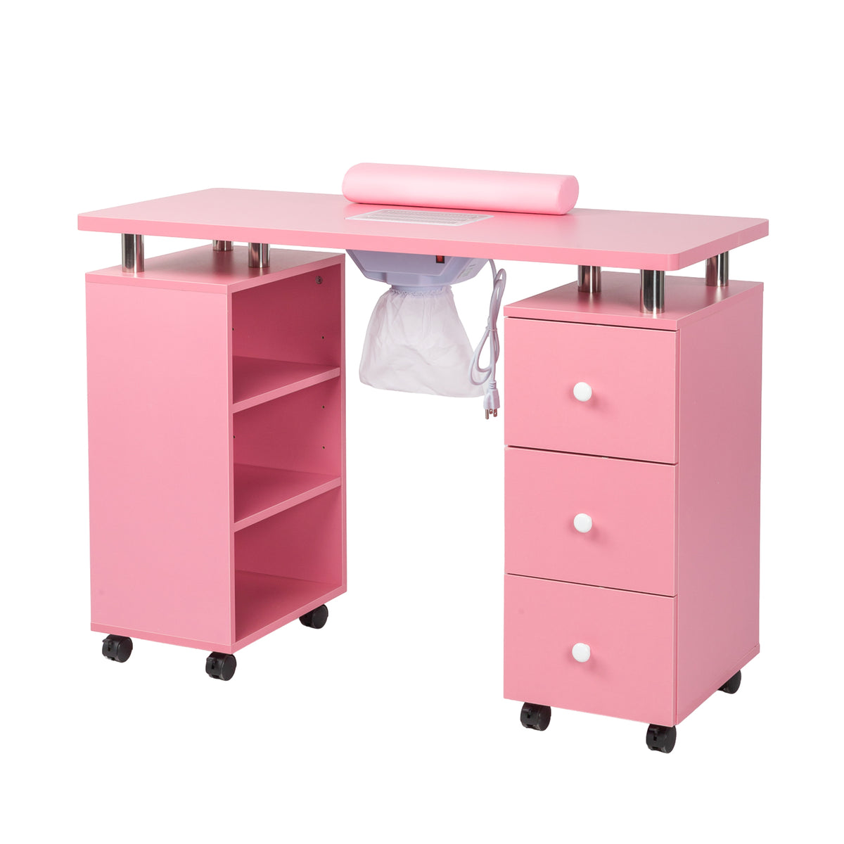 Omysalon Nail Manicure Table w/Electric Dust Collector & Wrist Rest & 3 Layers Open Side Cabinets 3 Drawers
