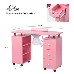 Omysalon Nail Manicure Table w/Electric Dust Collector & Wrist Rest & 3 Layers Open Side Cabinets 3 Drawers