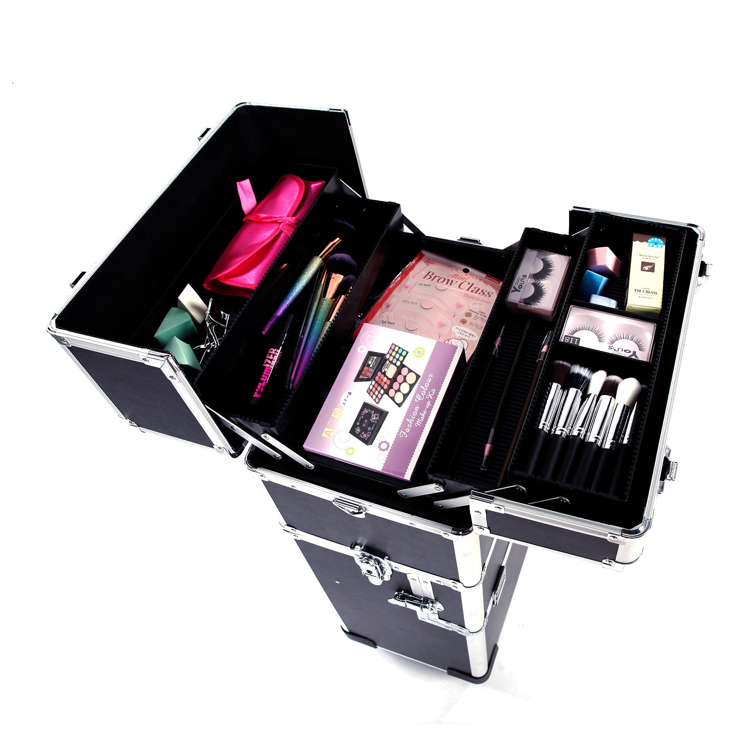 Omysalon Aluminum 2-in-1 Rolling Makeup Train Organizer Lockable Cosmetic Case Rose-Pink