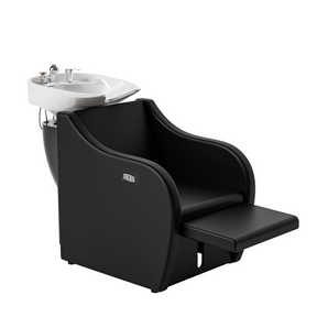 OmySalon BU1211 Electric Shampoo Bowl and Chair Backwash Unit with Reclining Legrest & Tilting Porcelain Shampoo Sink