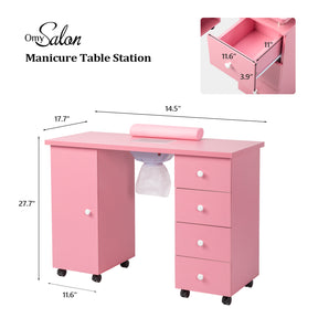 Omysalon Nail Manicure Table w/Electric Dust Collector & Wrist Rest & 1 Large Cabinet 4 Drawers
