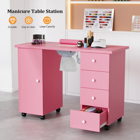 Omysalon Nail Manicure Table w/Electric Dust Collector & Wrist Rest & 1 Large Cabinet 4 Drawers