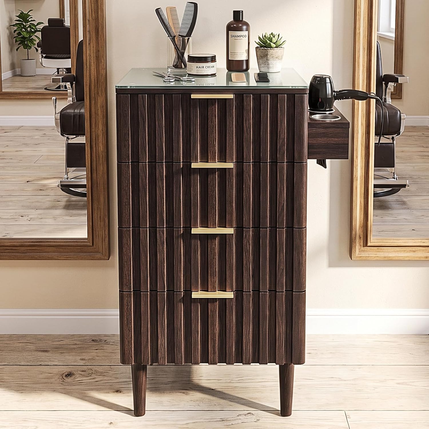 OmySalon SCGFD Modern Retro Salon Styling Station with Glass Top, 4 Drawers & 3 Hot Tool Holders