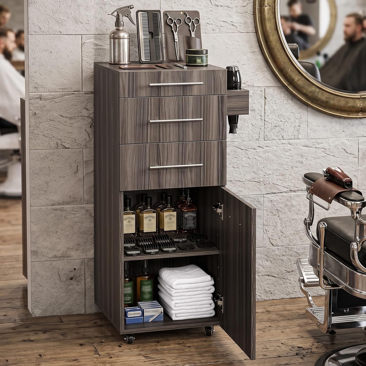 OmySalon SCTDOC Wooden Salon Trolley Cart with Wheels, 3 Drawers, Adjustable Shelf & Tool Holders