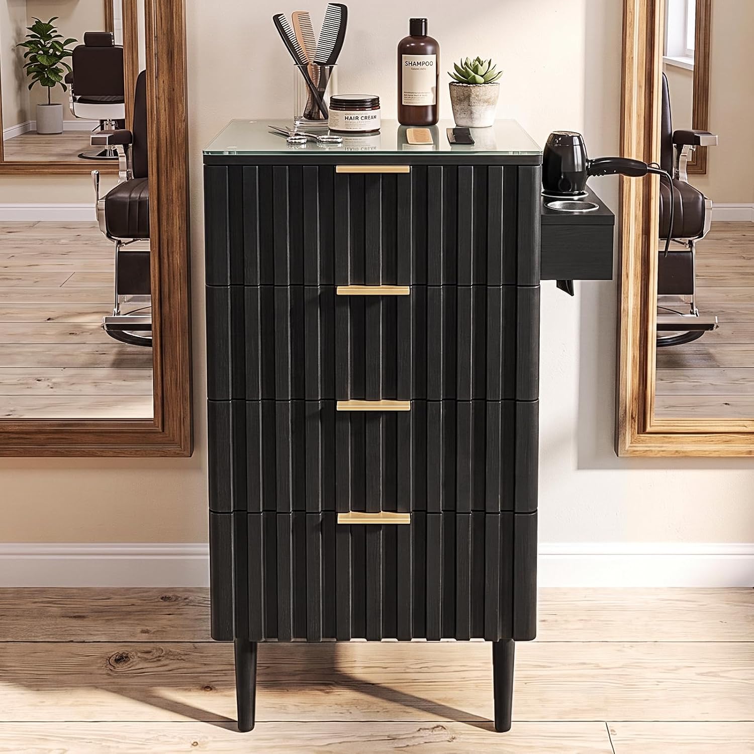 OmySalon SCGFD Modern Retro Salon Styling Station with Glass Top, 4 Drawers & 3 Hot Tool Holders