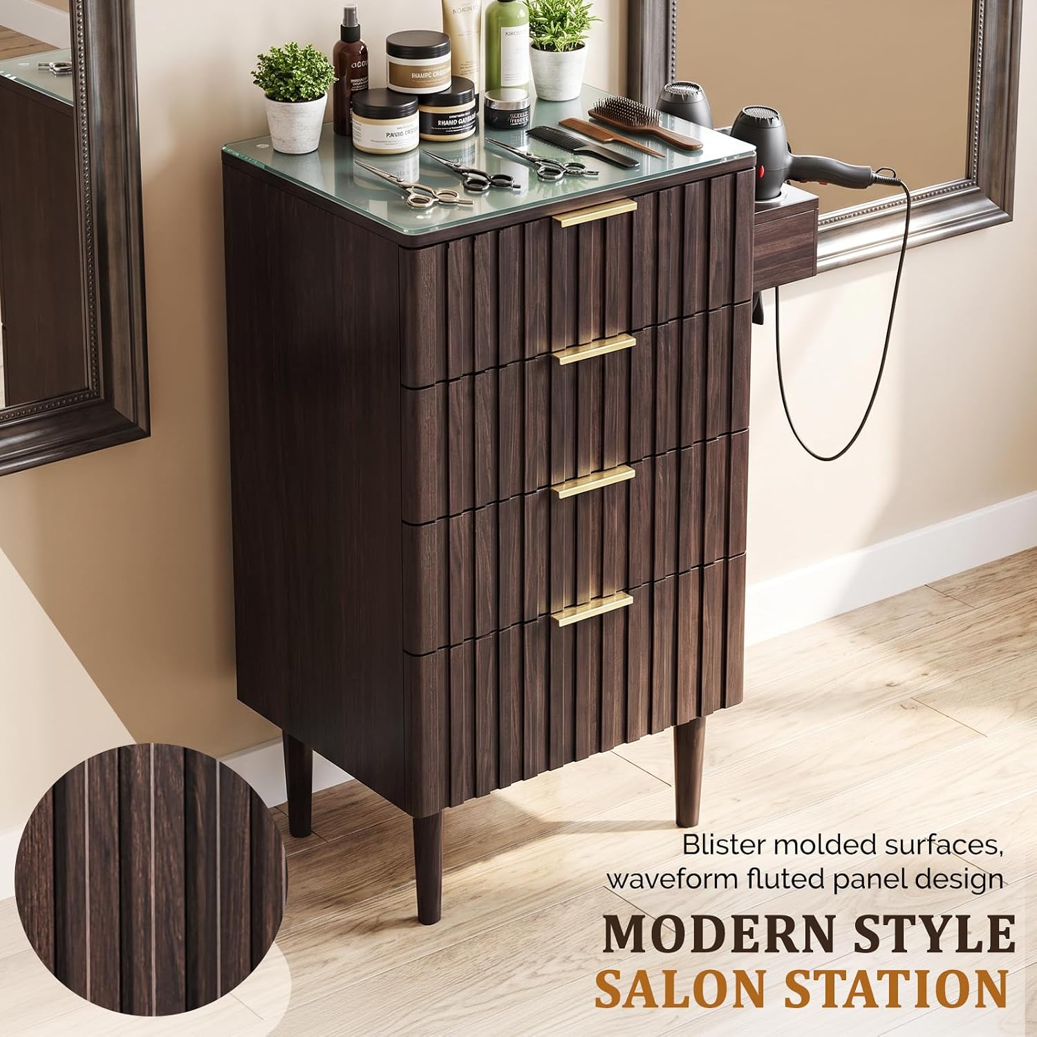 OmySalon SCGFD Modern Retro Salon Styling Station with Glass Top, 4 Drawers & 3 Hot Tool Holders