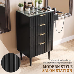OmySalon SCGFD Modern Retro Salon Styling Station with Glass Top, 4 Drawers & 3 Hot Tool Holders