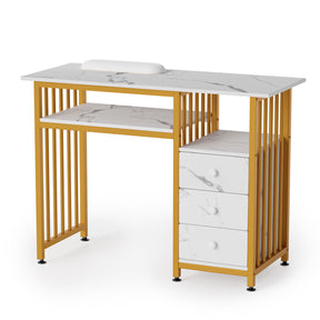 OmySalon MTD Marbling Texture Nail Manicure Table w/Wrist Rest & 2-Tier Desktop 3 Drawers