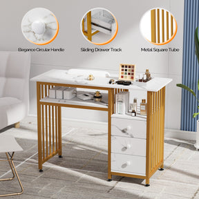 OmySalon MTD Marbling Texture Nail Manicure Table w/Wrist Rest & 2-Tier Desktop 3 Drawers