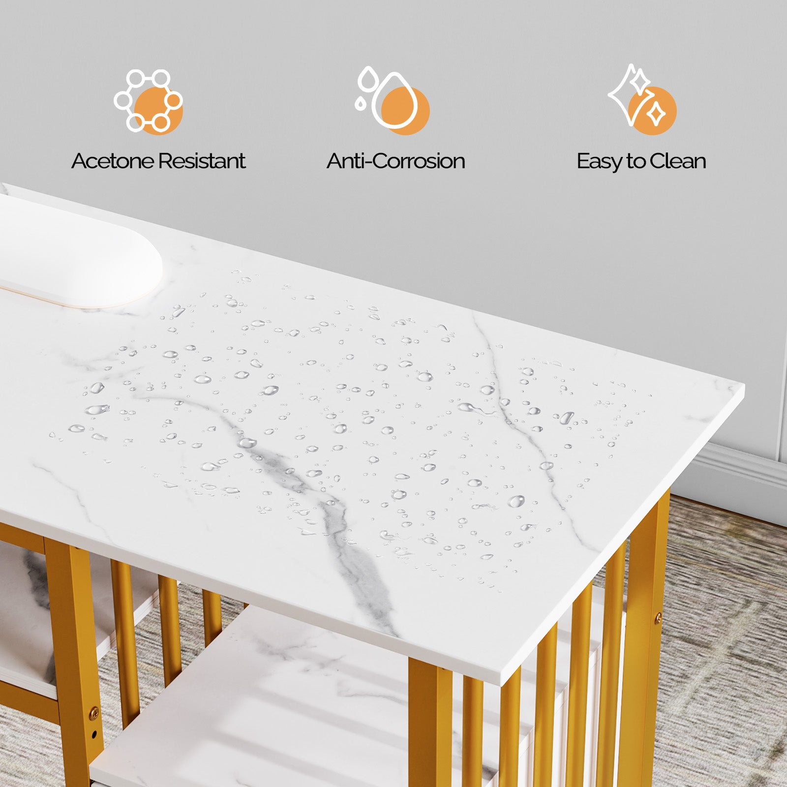 OmySalon Manicure Table Marbling Texture Nail Desk w/Wrist Rest & 2-Tier Desktop