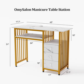 OmySalon MTD Marbling Texture Nail Manicure Table w/Wrist Rest & 2-Tier Desktop 3 Drawers