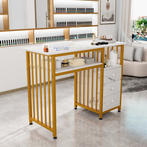 OmySalon MTD Marbling Texture Nail Manicure Table w/Wrist Rest & 2-Tier Desktop 3 Drawers