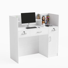 OmySalon Modern Reception Desk Computer Desk with Lockable Drawers Storage Cabinet & Shelf Black/White