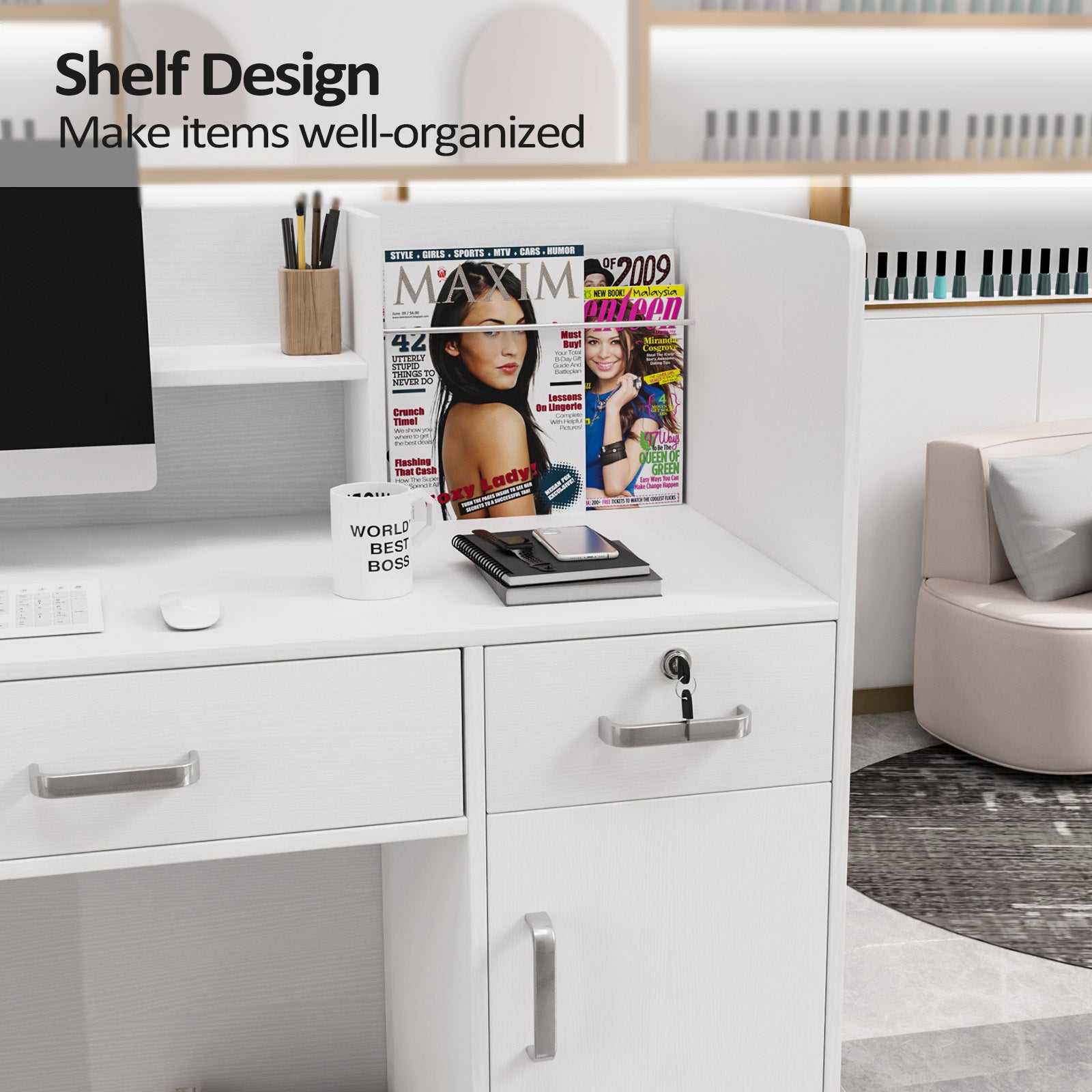 OmySalon Modern Reception Desk Computer Desk with Lockable Drawers Storage Cabinet & Shelf Black/White