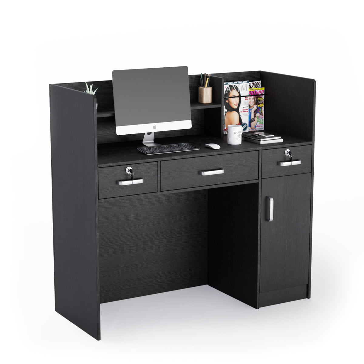 OmySalon Modern Reception Desk Computer Desk with Lockable Drawers Storage Cabinet & Shelf Black/White