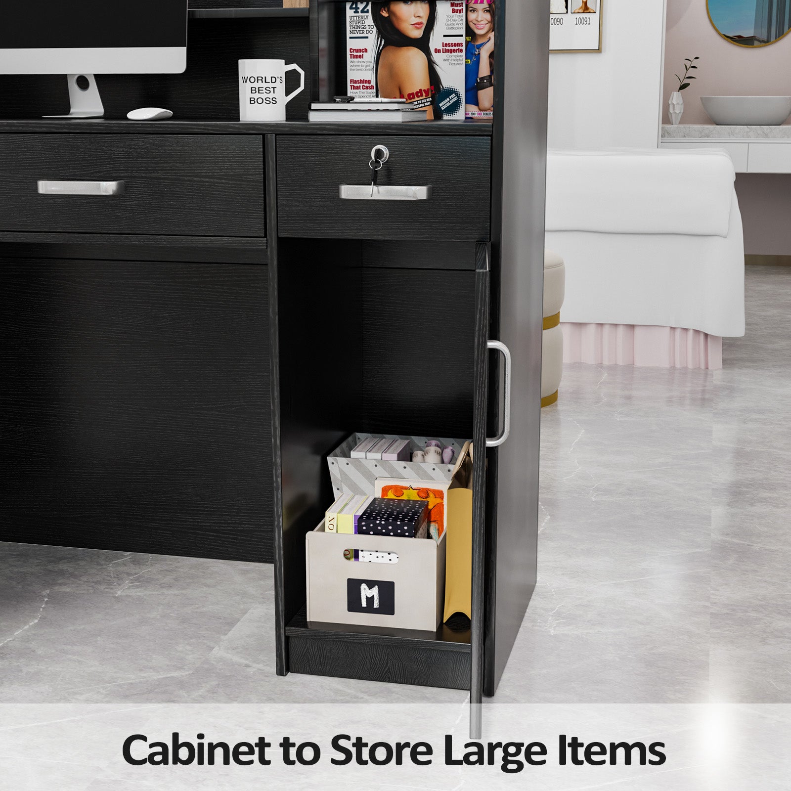 OmySalon Modern Reception Desk Computer Desk with Lockable Drawers Storage Cabinet & Shelf Black/White