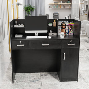 OmySalon Modern Reception Desk Computer Desk with Lockable Drawers Storage Cabinet & Shelf Black/White