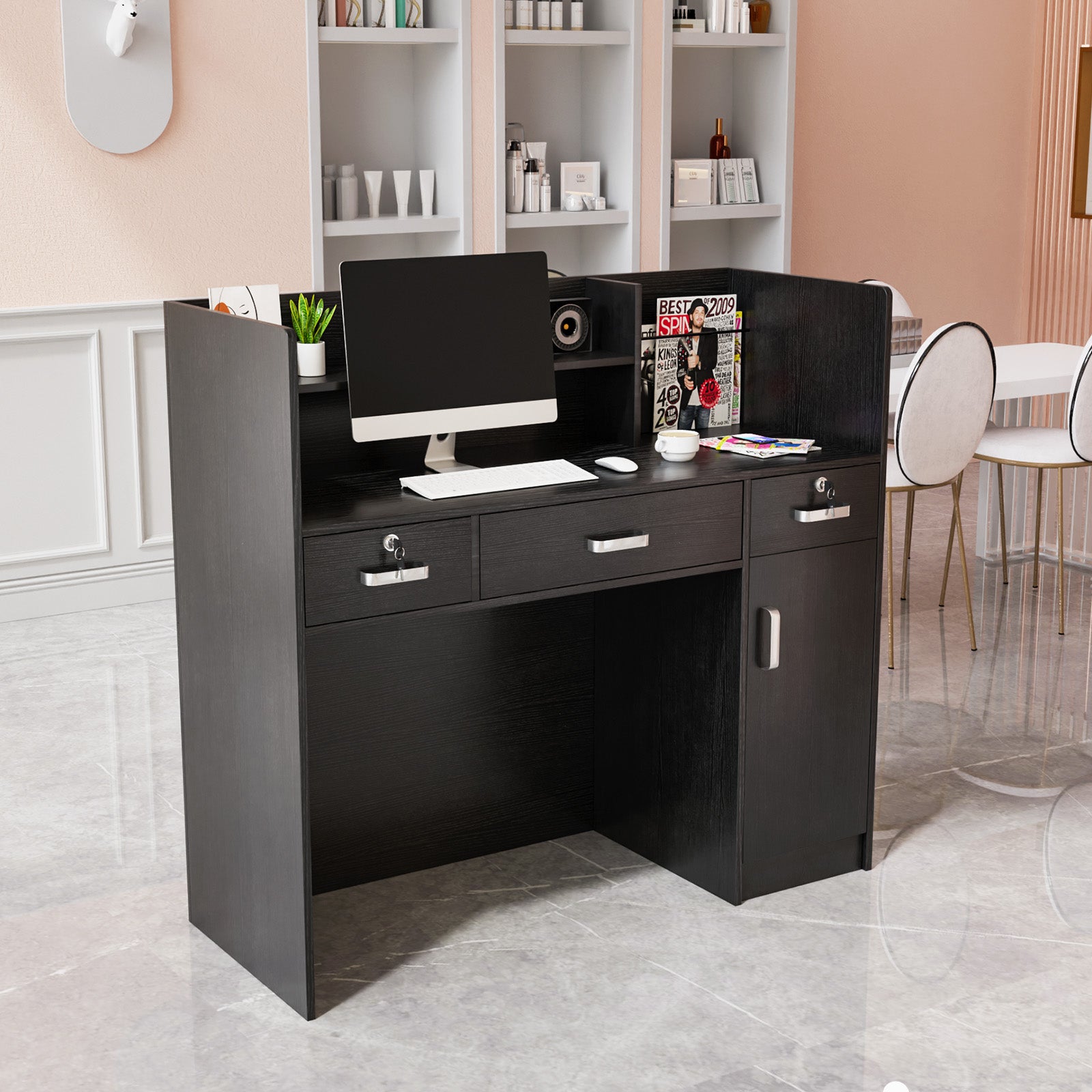 OmySalon Modern Reception Desk Computer Desk with Lockable Drawers Storage Cabinet & Shelf Black/White