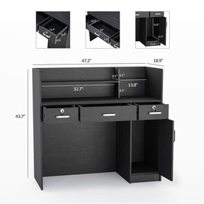 OmySalon Modern Reception Desk Computer Desk with Lockable Drawers Storage Cabinet & Shelf Black/White