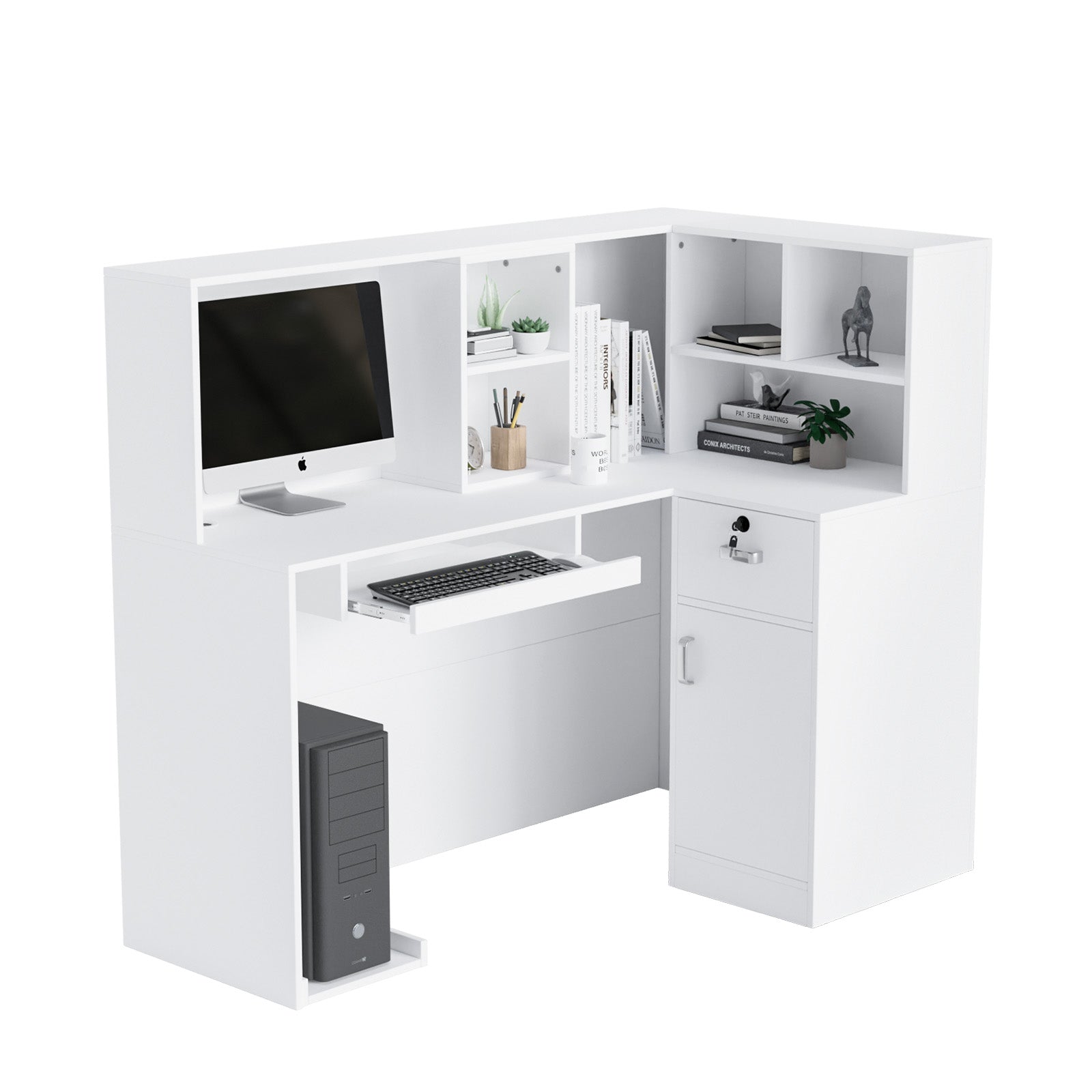 OmySalon Reception Desk Computer Workstation with Removable Grid and Lockable Drawer Black/White