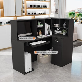 OmySalon Reception Desk Computer Workstation with Removable Grid and Lockable Drawer Black/White