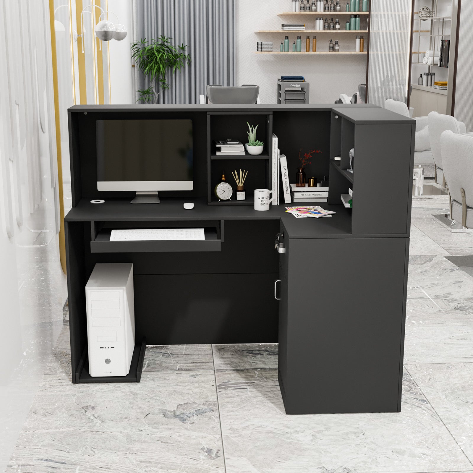 OmySalon Reception Desk Computer Workstation with Removable Grid and Lockable Drawer Black/White