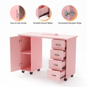OmySalon Nail Manicure Table w/Wrist Rest & 1 Side Cabinet 4 Drawers