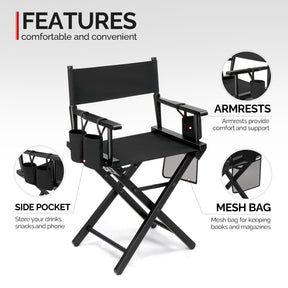 OmySalon Upgraded 18in Director Chair Folding Artist Makeup Chair with Storage Side Bags