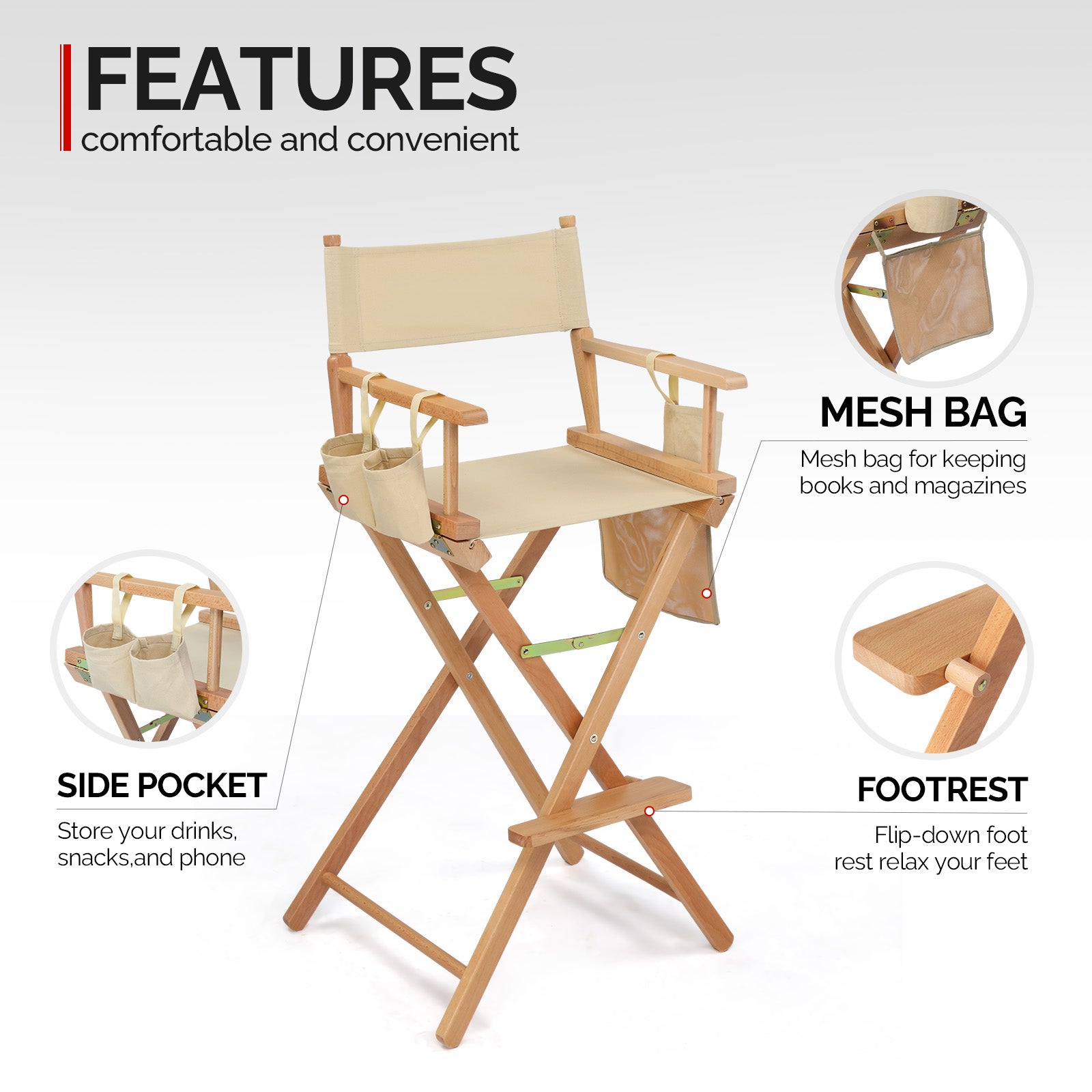 OmySalon Upgraded 31in Director Chair Folding Artist Makeup Chair with Storage Side Bags Replacement Cover Canvas