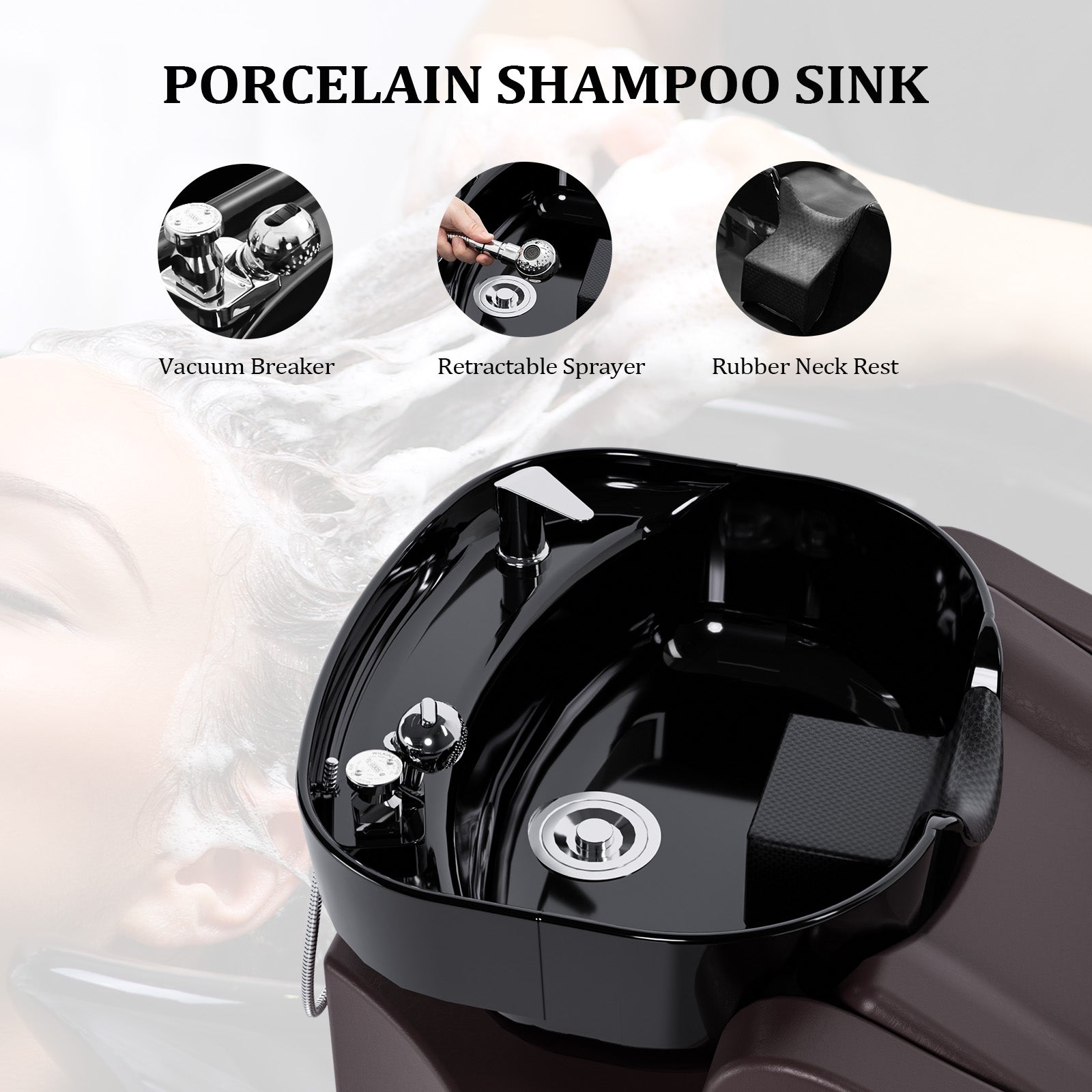 OmySalon BU1301 Salon Shampoo Bowl and Chair Backwash Unit with Extra Large Ceramic Bowl & Freestanding Ottoman