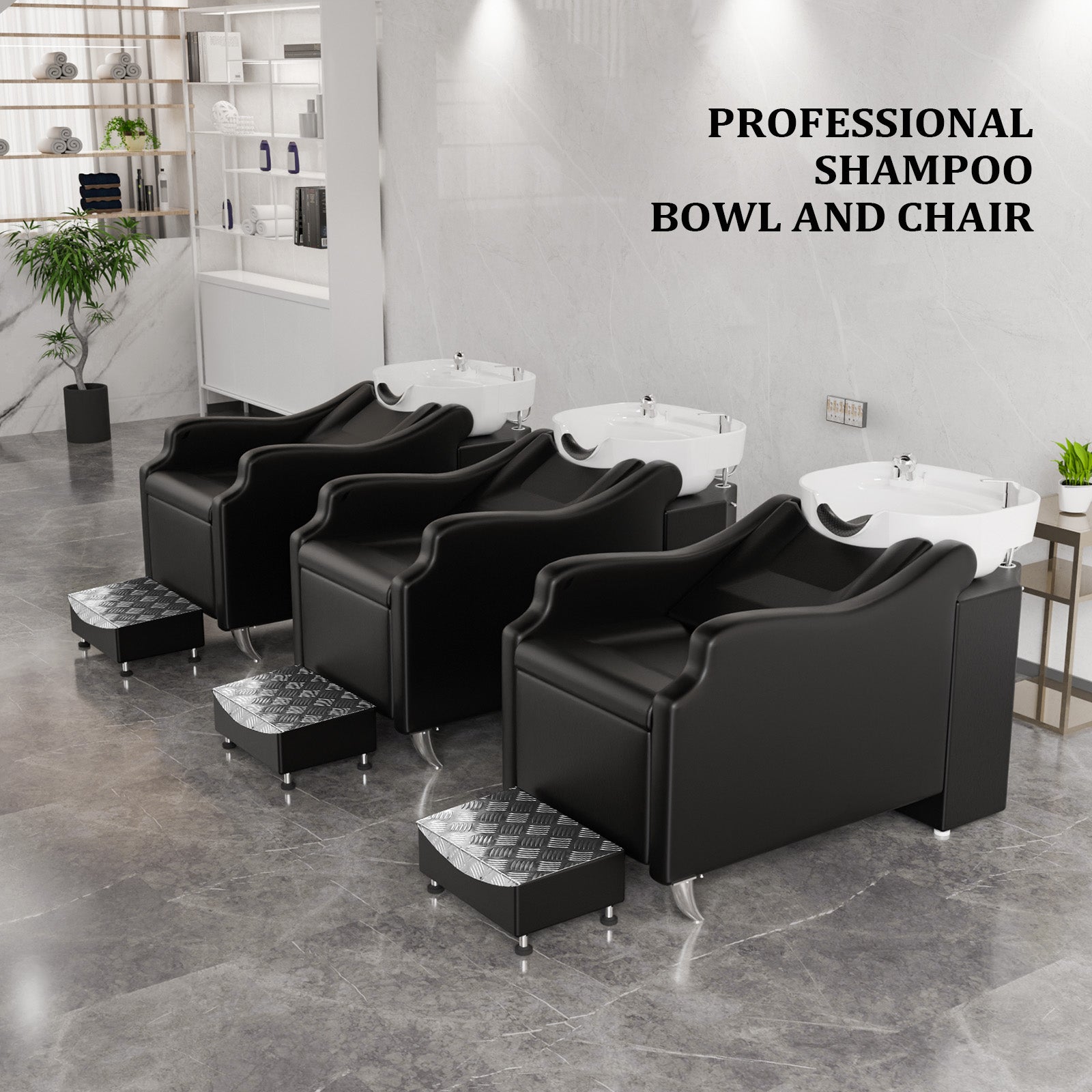 OmySalon BU1301 Salon Shampoo Bowl and Chair Backwash Unit with Extra Large Ceramic Bowl & Freestanding Ottoman