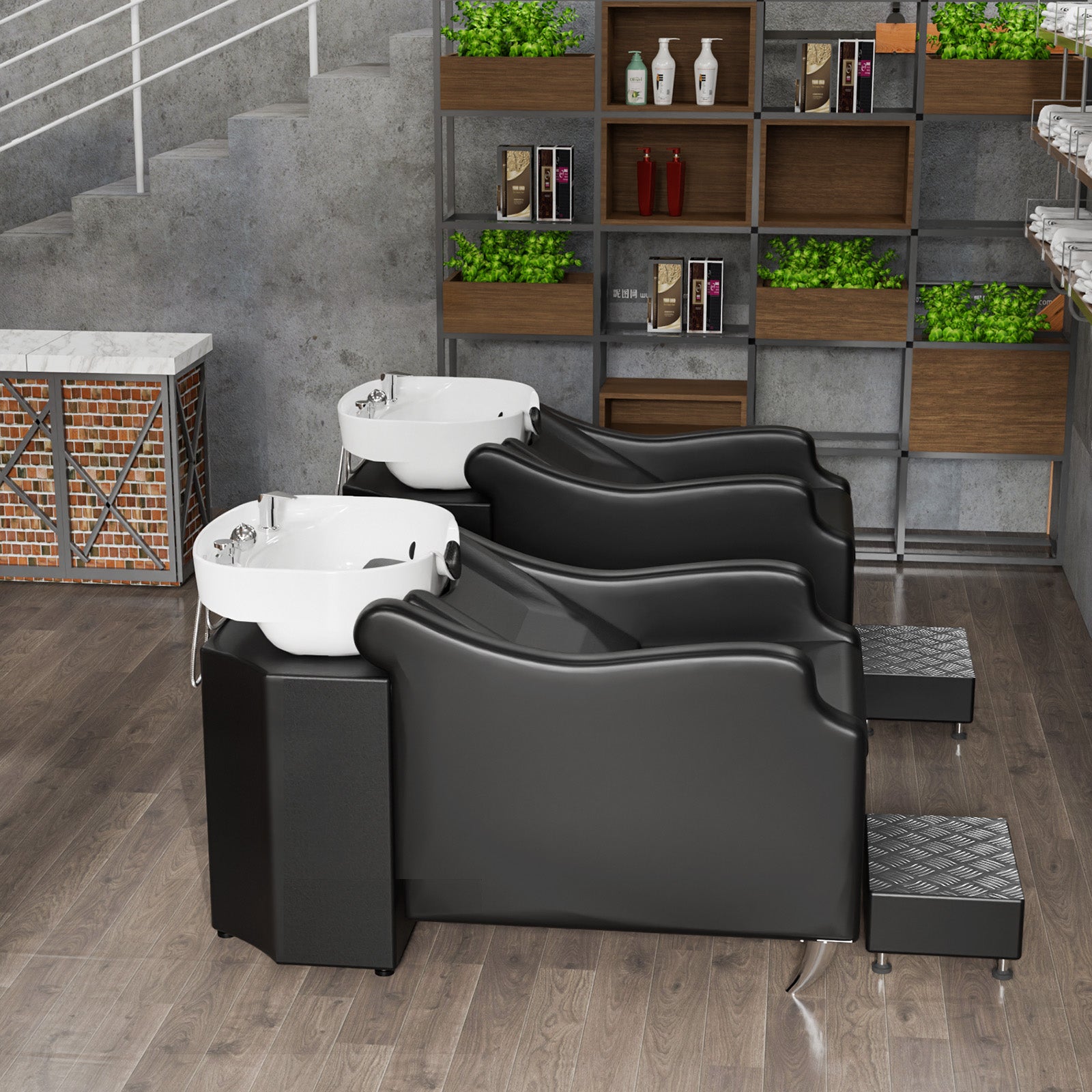 OmySalon BU1301 Salon Shampoo Bowl and Chair Backwash Unit with Extra Large Ceramic Bowl & Freestanding Ottoman