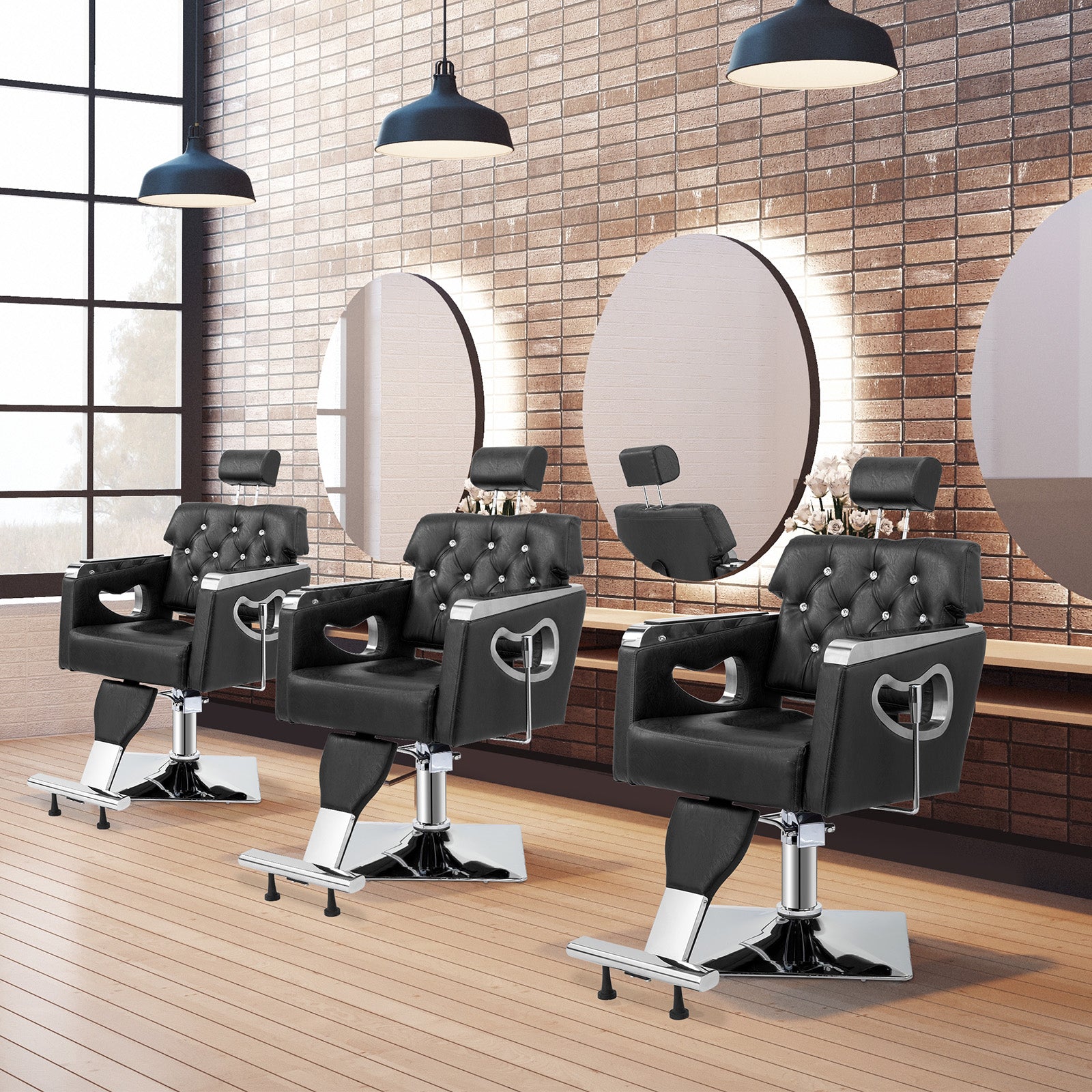 OmySalon SC1902 All Purpose Heavy Duty Reclining Hair Salon Chair w/Headrest and Acrylic Diamond Decorated Backrest Black/Camel