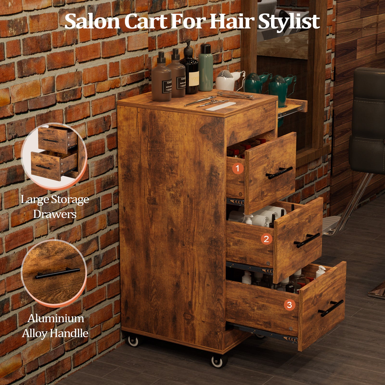 OmySalon Wooden Salon Trolley Cart Hairdresser Mobile Storage Cabinet with Wheels Black/White/Rustic Brown/Grey/Pink