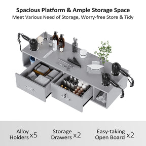 OmySalon HSC-17 Wall Mount Salon Styling Station w/2 Lockable Drawers 2 Side Open Space 5 Hair Dryer Holders