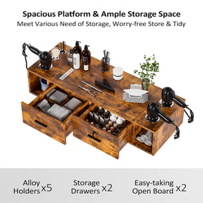 OmySalon HSC-17 Wall Mount Salon Styling Station w/2 Lockable Drawers 2 Side Open Space 5 Hair Dryer Holders