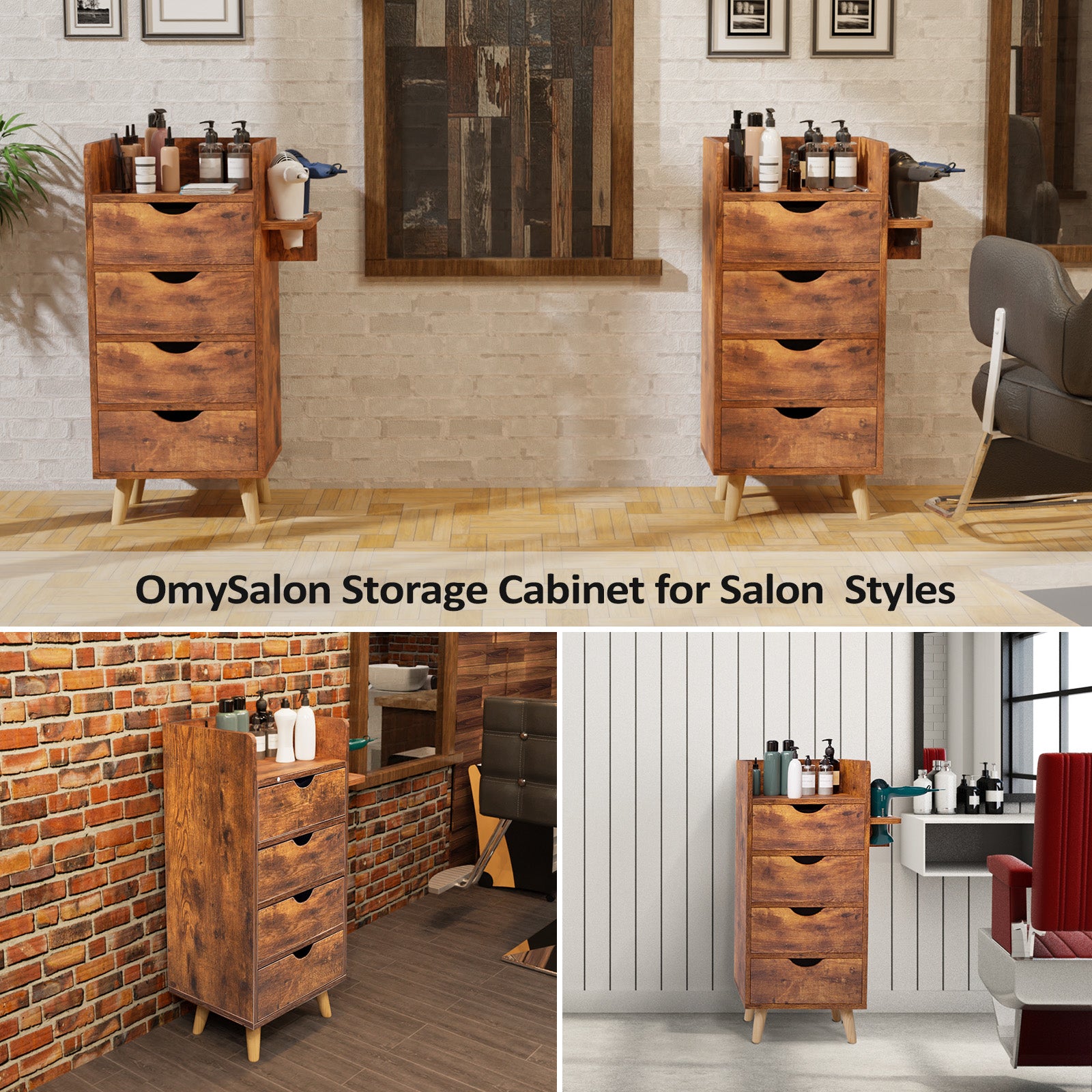 OmySalon HSC-16 4-Layer Salon Styling Storage Station w/4 Drawers 2 Hair Dryer Holders & Raised Table Legs