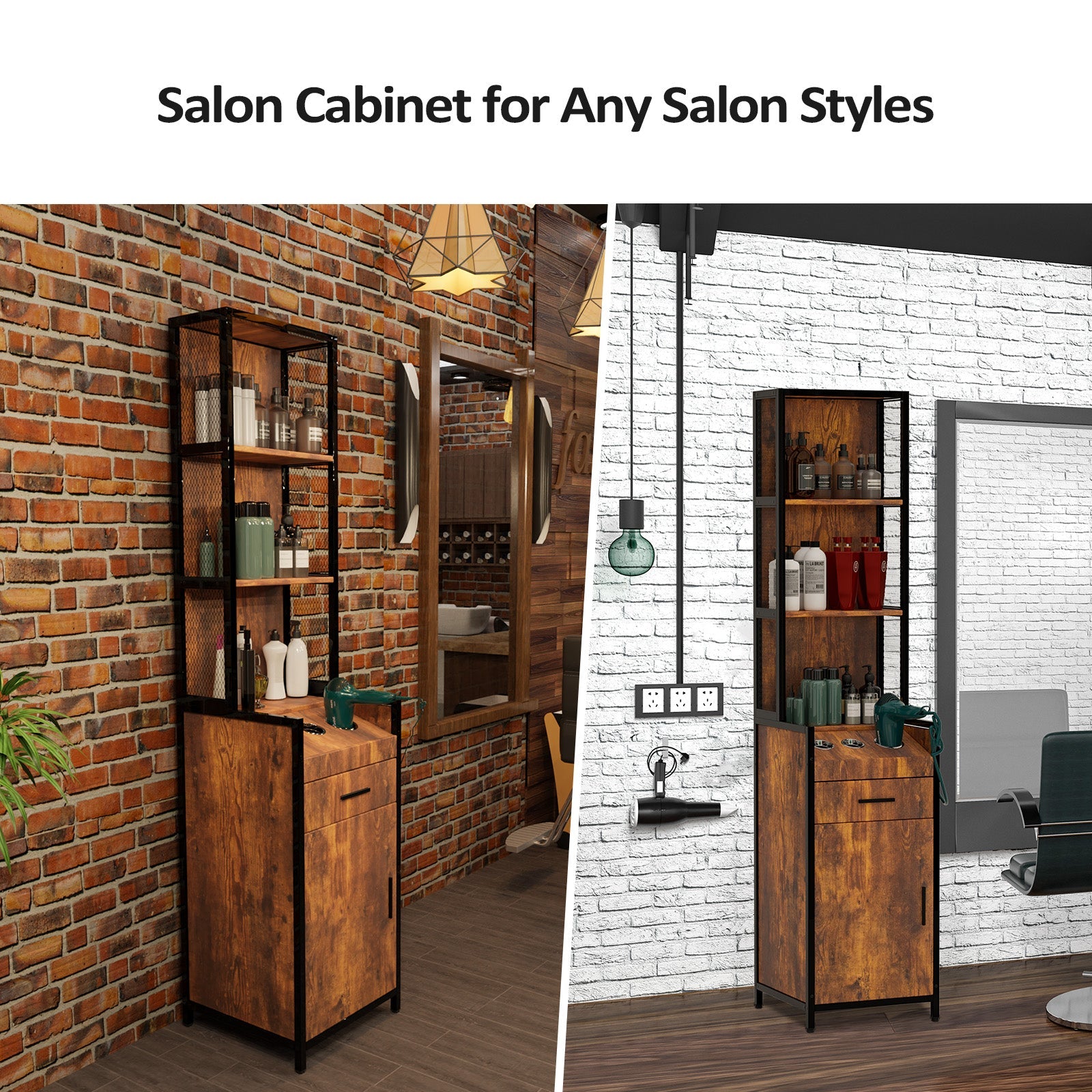 OmySalon Wall Mount Salon Barber Station 3-Tier Storage Shelf with 1 Drawer 1 Storage Cabinet 3 Hot Tool Holders Rustic Brown
