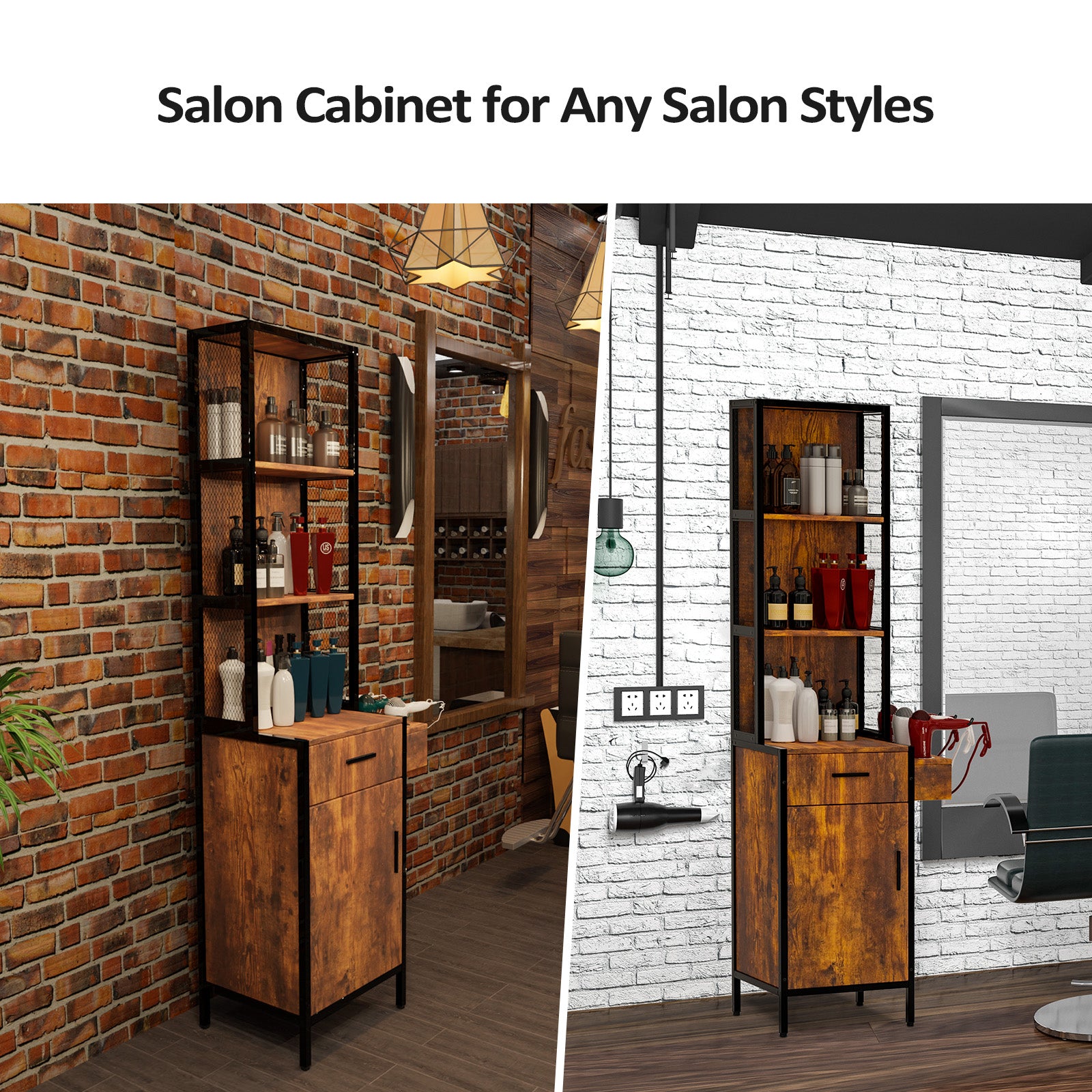 OmySalon Wall Mount Barber Station with 3-Shelves 1 Drawer 1 Storage Cabinet 3 Hair Dryer Holders, Black/Rustic Brown