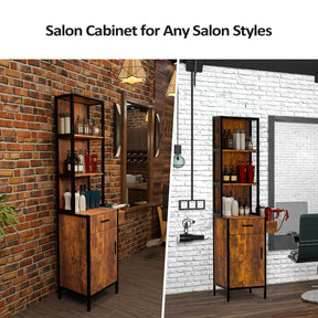 OmySalon Wall Mount Barber Station with 3-Shelves 1 Drawer 1 Storage Cabinet 3 Hair Dryer Holders, Black/Rustic Brown