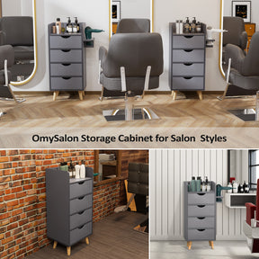 OmySalon 4-Layer Salon Storage Cabinet Beauty Barber Styling Station with 2 Hair Dryer Holders, Black/Grey/Rustic Brown