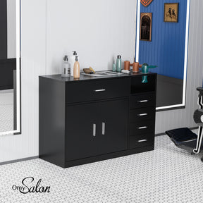 OmySalon Salon Station Cabinet Free Standing Styling Stations with 5 Drawers 1 Storage Cabinet 3 Hair Dryer Holders