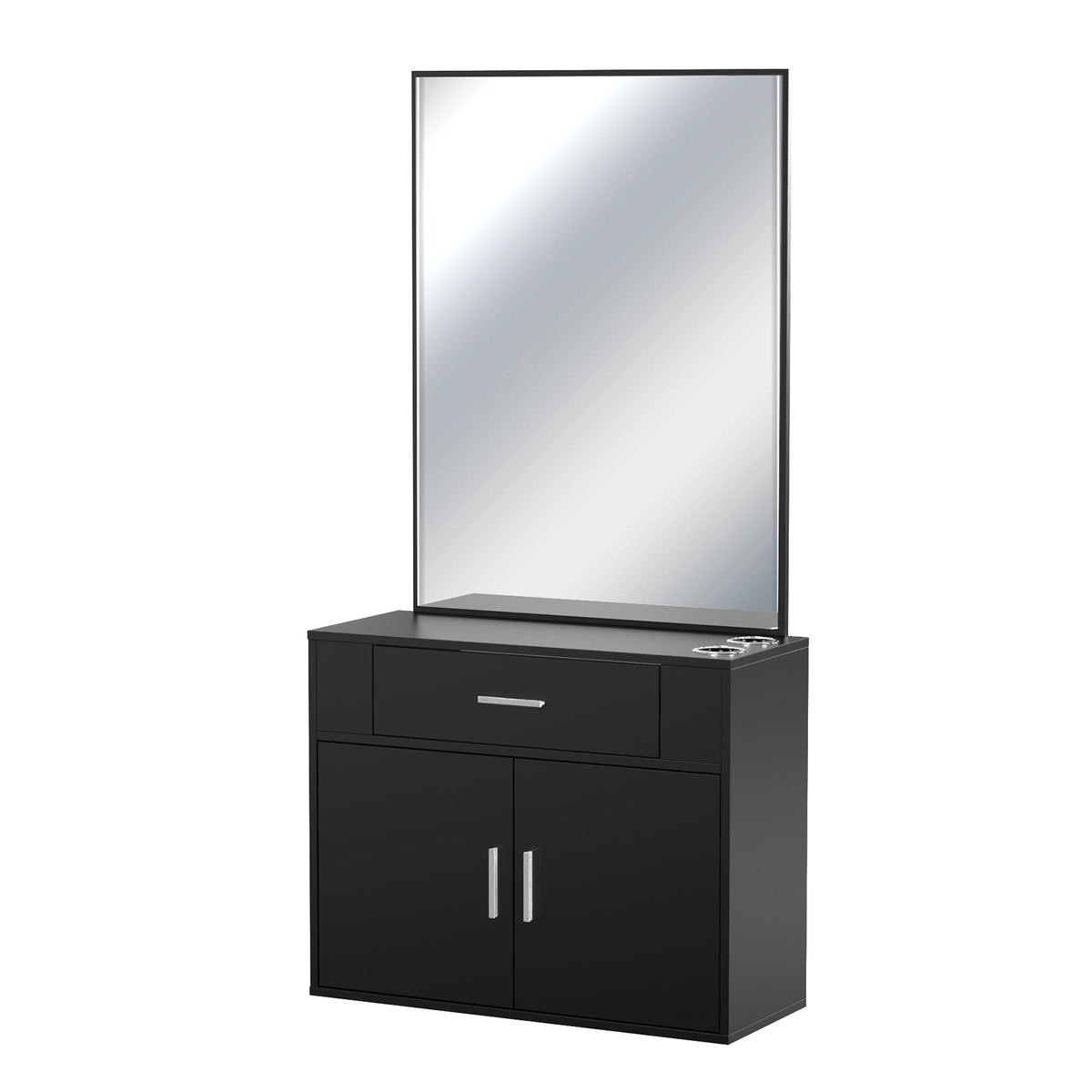 OmySalon Wall Mount Salon Station with Mirror 1 Drawer 1 Storage Cabinet 2 Hair Dryer Holders Black/Black & Red