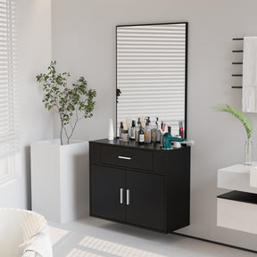 OmySalon Wall Mount Salon Station with Mirror 1 Drawer 1 Storage Cabinet 2 Hair Dryer Holders Black/Black & Red