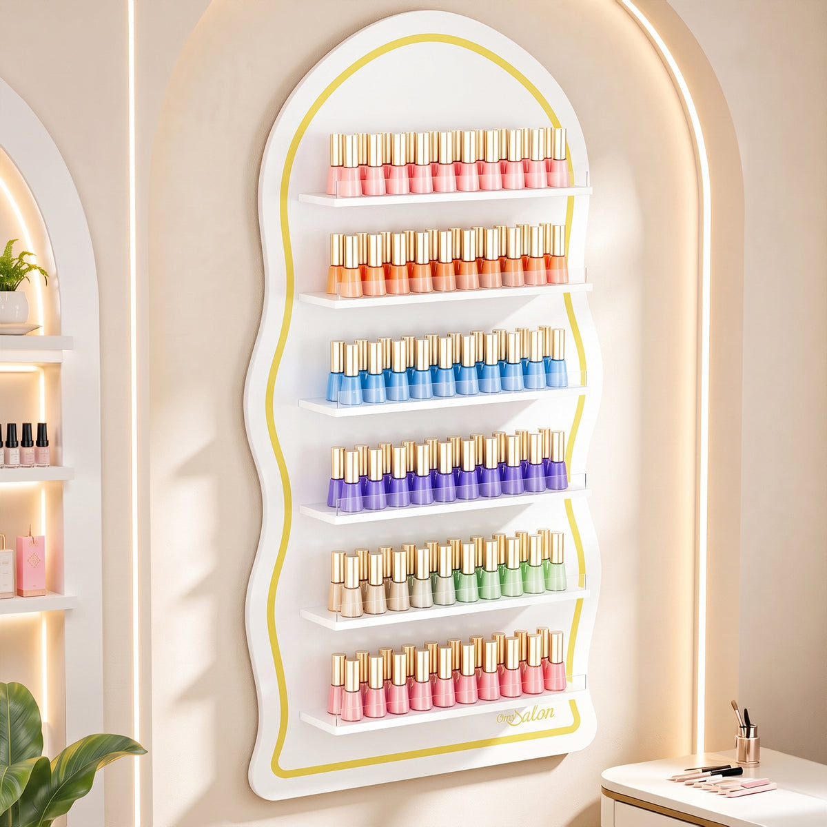 OmySalon Wall-Mounted Wavy 6-Tier Nail Polish Rack With 5.5" Extra-Tall Shelves