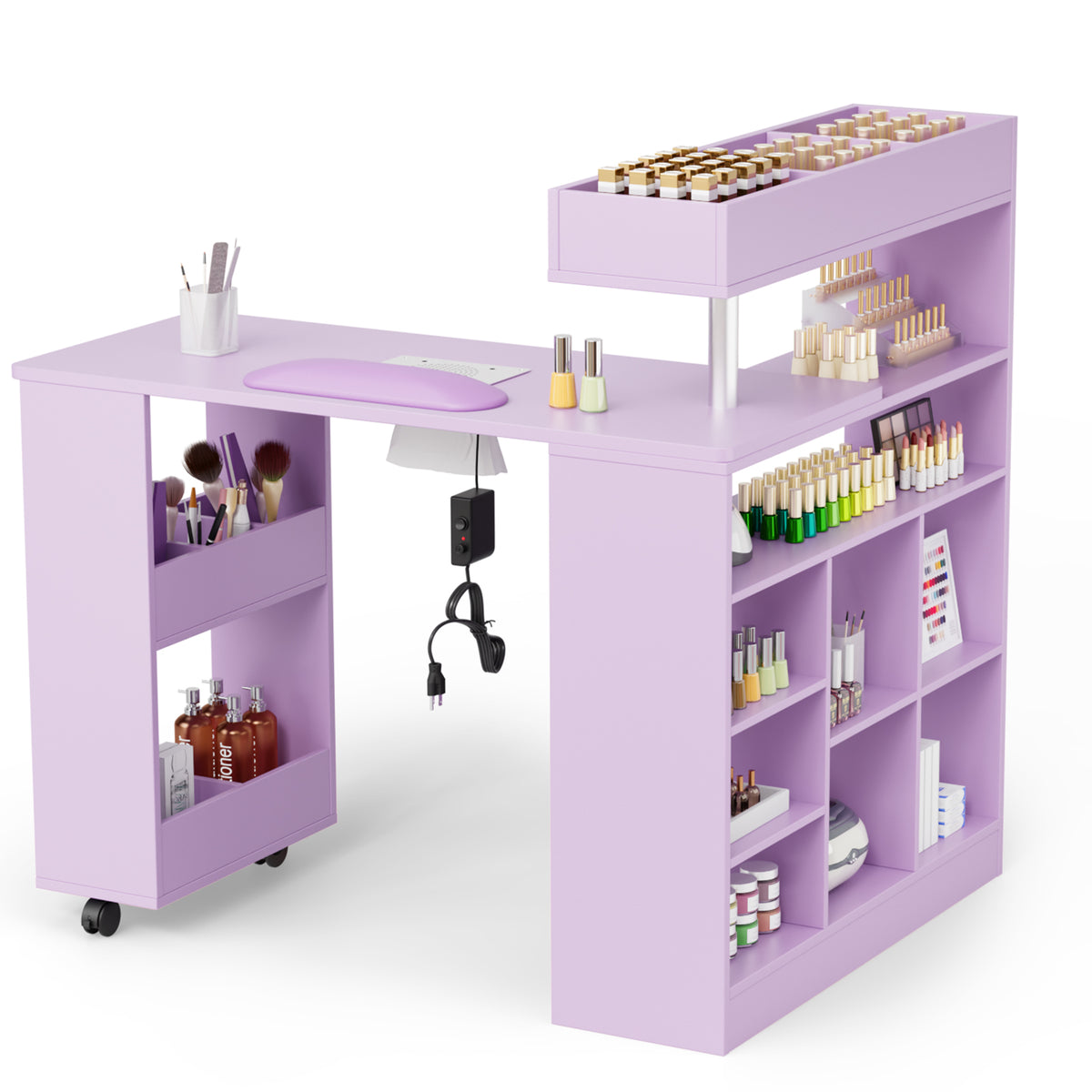 OmySalon MT-RL Rotatable L-Shaped Nail Manicure Table with Electric Dust Collector, Storage Trolley & Wrist Rest